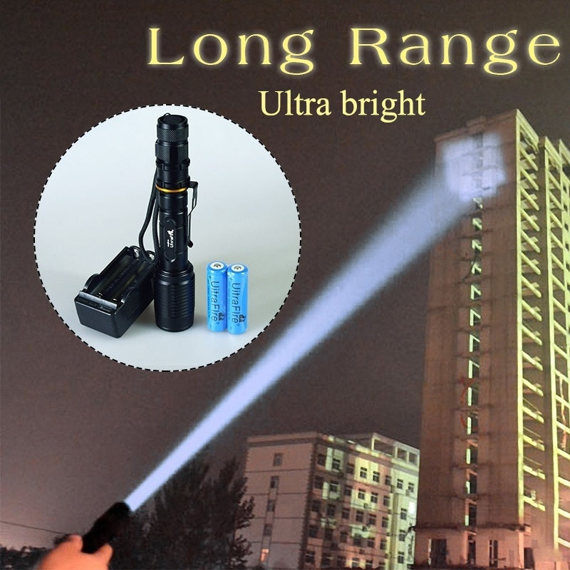 Ultra Bright 20CM Lengthen LED LED 10000LM Torches Zoomable Tactical LED Flashlight Lamp+18650 Battery*2+charger Full Set(Color:black)