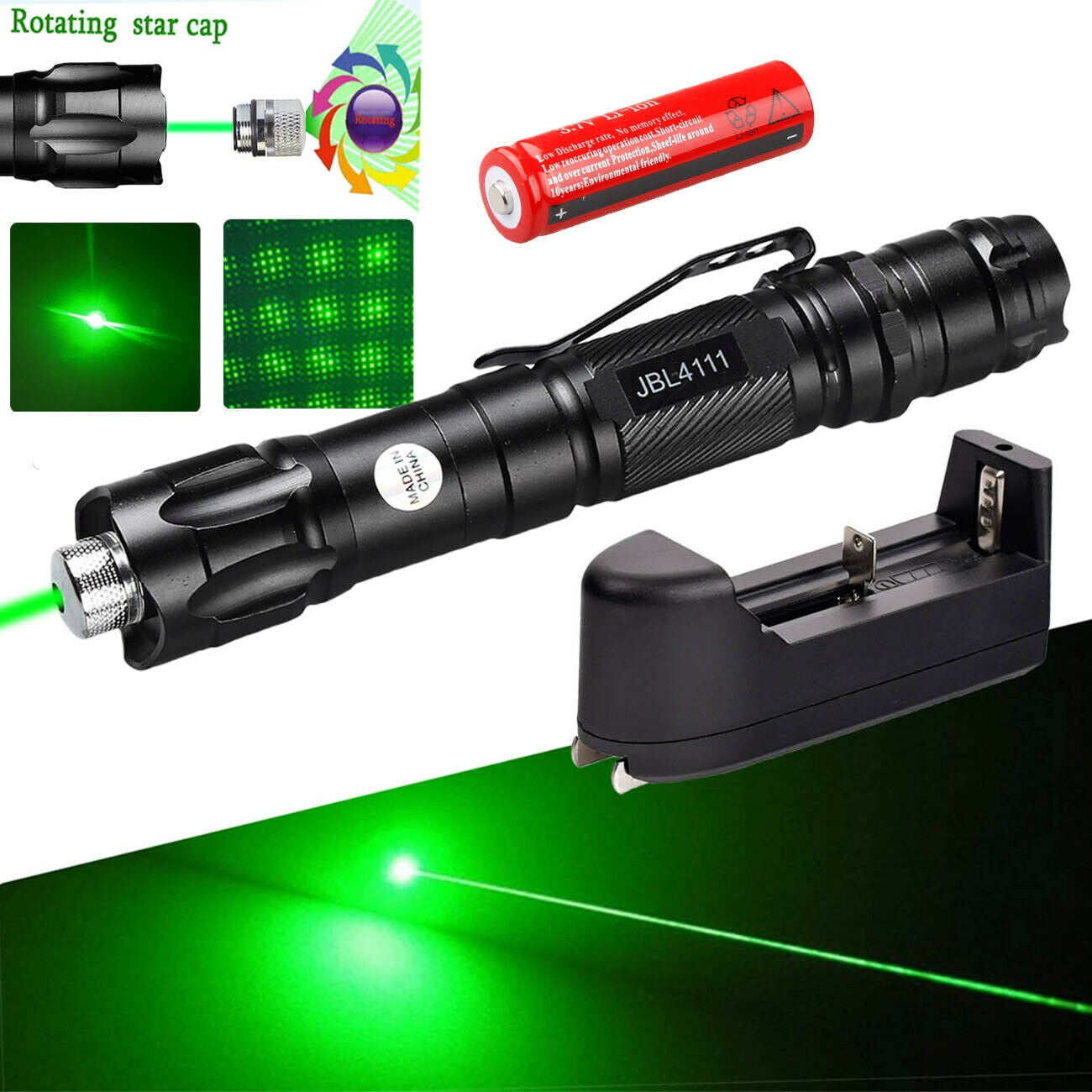 Military High Power 10Miles Green Laser Pointer Beam Lazer Pen + Star Cap + Battery + Charger