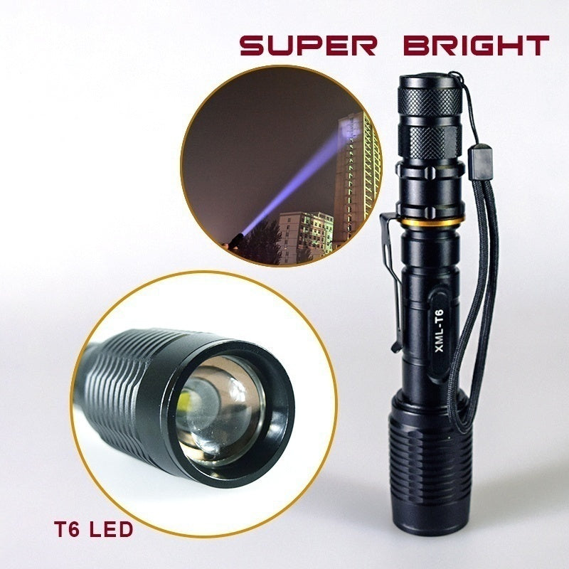 Ultra Bright 20CM Lengthen LED LED 10000LM Torches Zoomable Tactical LED Flashlight Lamp+18650 Battery*2+charger Full Set(Color:black)